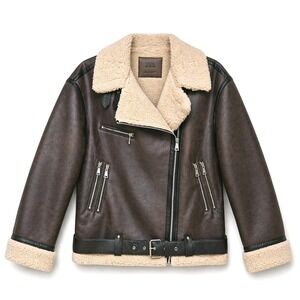 Zara Aviator Moto Jacket Small Brown Sherpa Lined Belted Biker Asymmetrical Zip